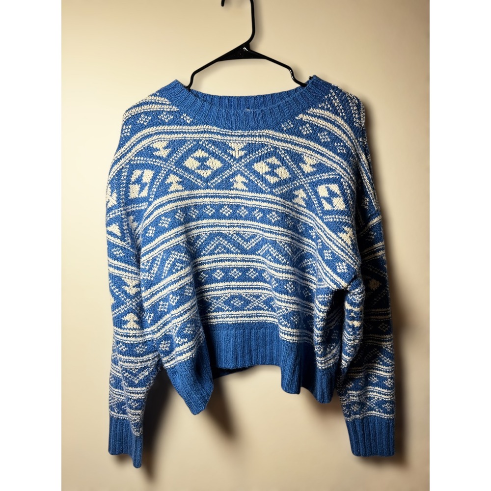 Vtg AMERICAN EAGLE Cable Knit Fair Isle Sweater M Cozy Blue White Fisherman Ski